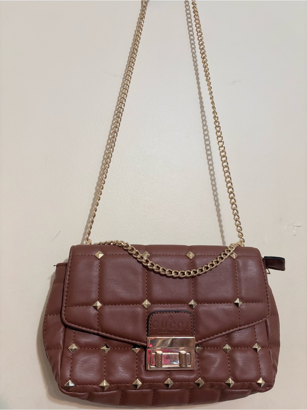 Quilted Brown Shoulder Bag with Gold Chain and Stud Detail